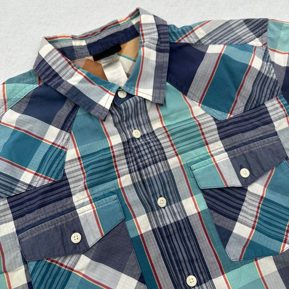 Patagonia Mens Medium Short Sleeve Western Plaid Shirt Organic Cotton Blue Teal